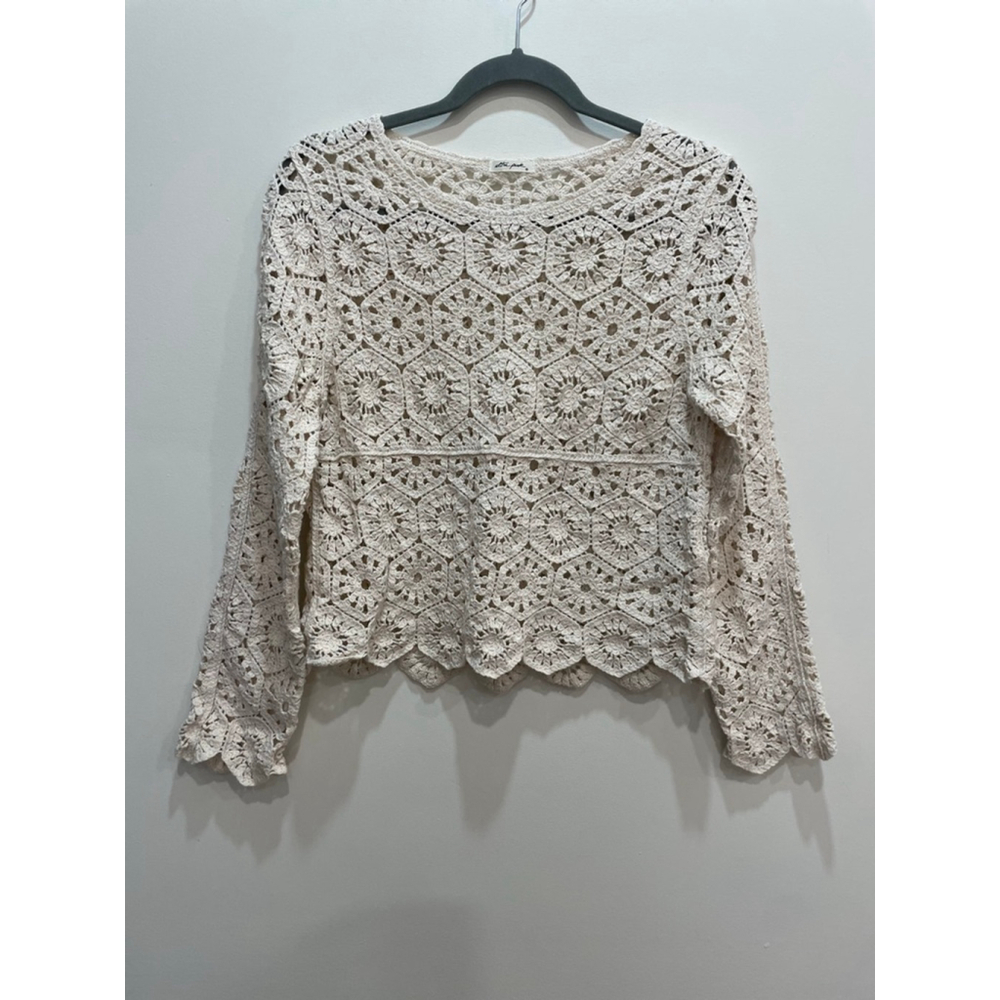 Ultra Pink Granny Square Crochet Open Knit Long Sleeve S Festival Cottage Boho